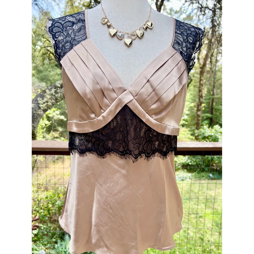 Bisou Bisou Michele Bohbot Satin Lace Trim Pleated Camisole Top Beige Black 8